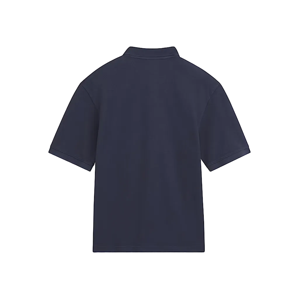 Back side of a navy polo on a white background