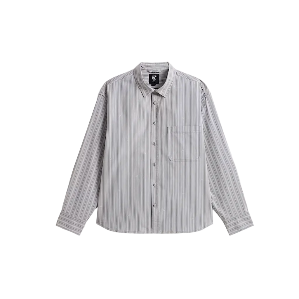 A long-sleeve button-up shirt with vertical gray and white stripes, featuring a classic collar, a chest pocket, and buttoned cuffs, displayed flat against a white background.