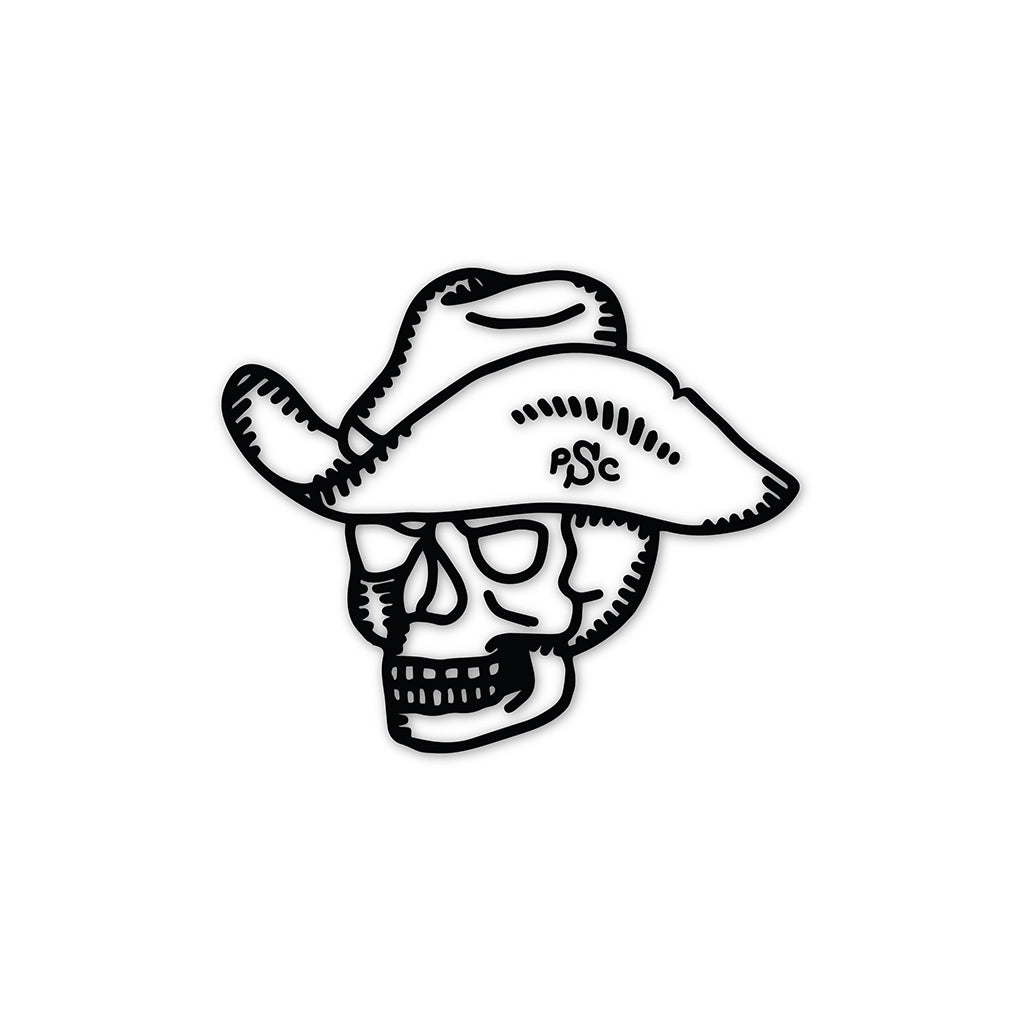 Skull wearing a cowboy hat with 'PSC' on a white background