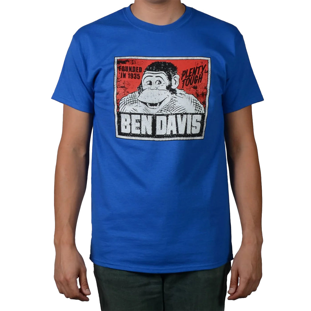 Blue t-shirt with Ben Davis graphic on a white background