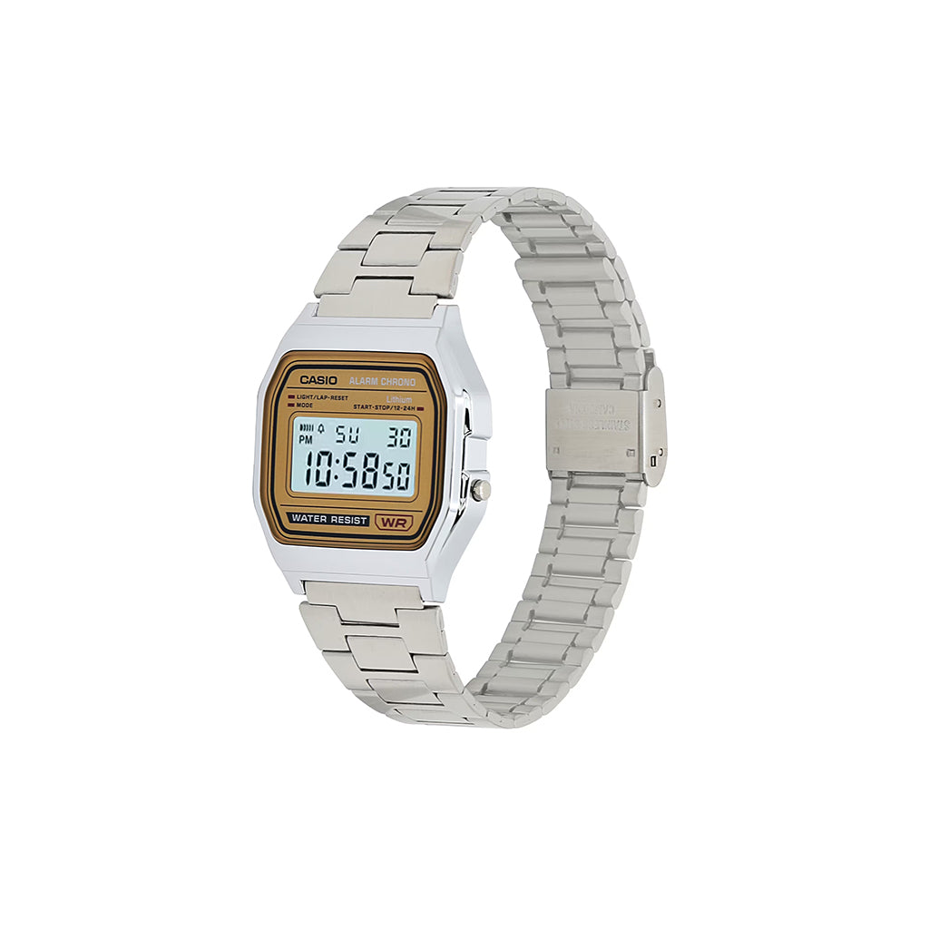 Casio digital watch with silver metal strap on a white background