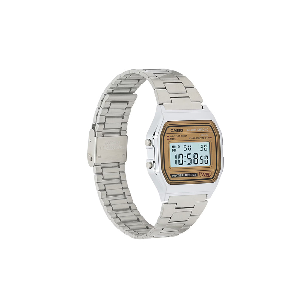 Digital watch with a silver metal strap on a white background