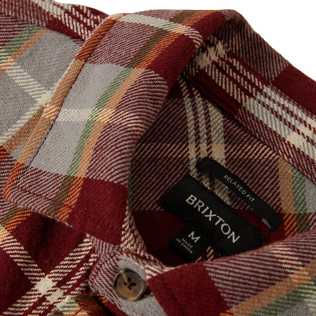 close up of collar and brixton label in side the flannel