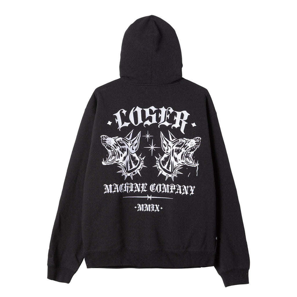 Black hoodie with white graphics and text on a white background