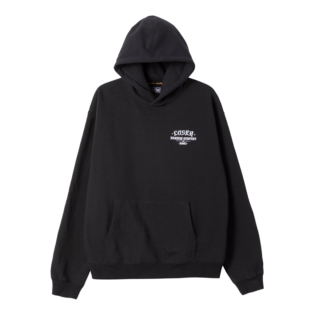 Black hoodie with a logo on the chest against a white background