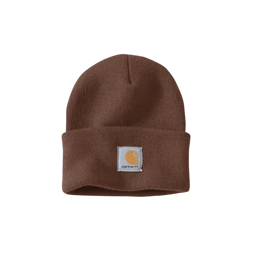 Brown beanie with Carhartt logo on a white background