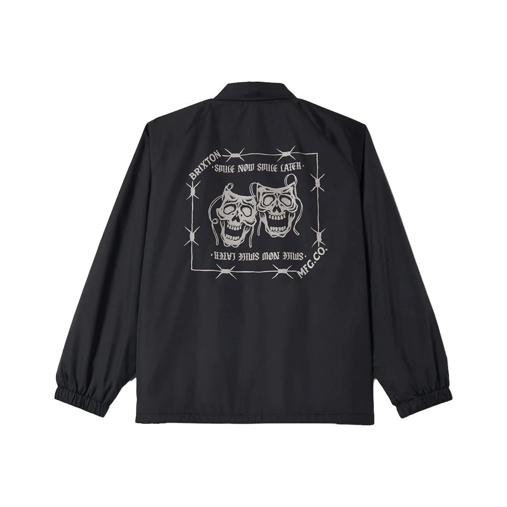 Black jacket with skull design and text on the back against a white background