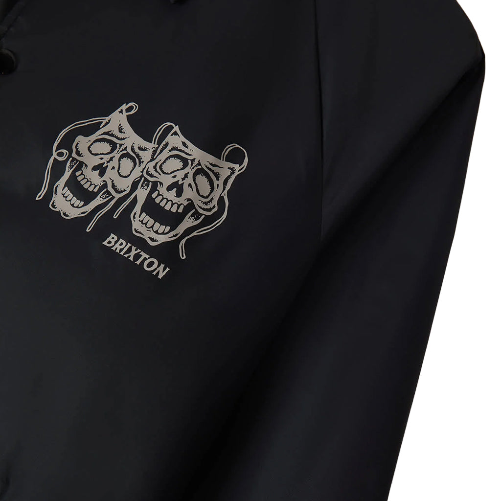 Black jacket with Brixton logo featuring two skulls on a white background