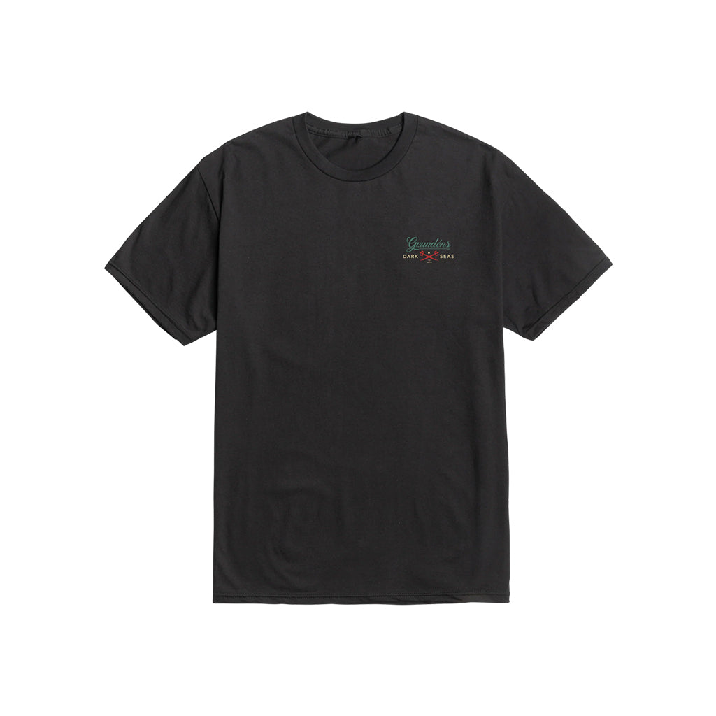 Black t-shirt with a colorful logo on the chest against a white background