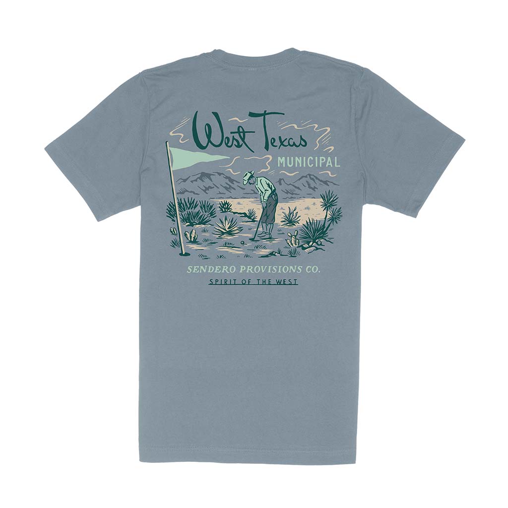 Blue t-shirt with a desert scene graphic and text on the back, on a white background