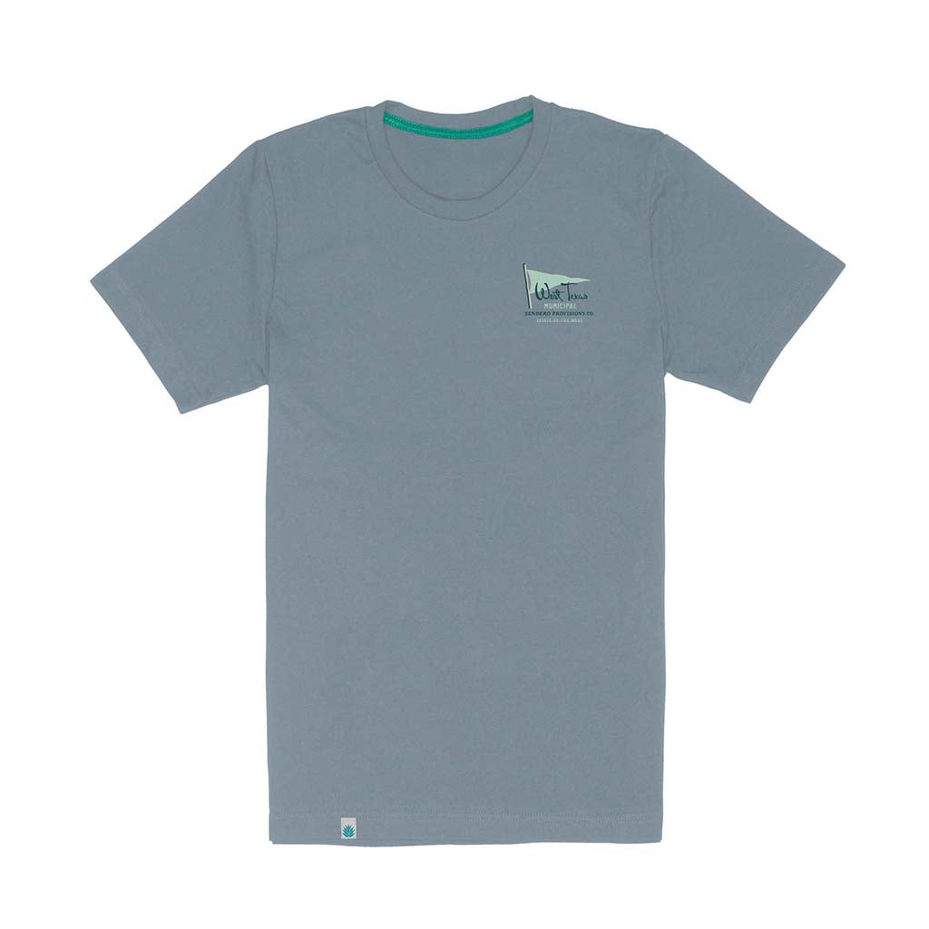 Blue t-shirt with a logo on the chest against a white background