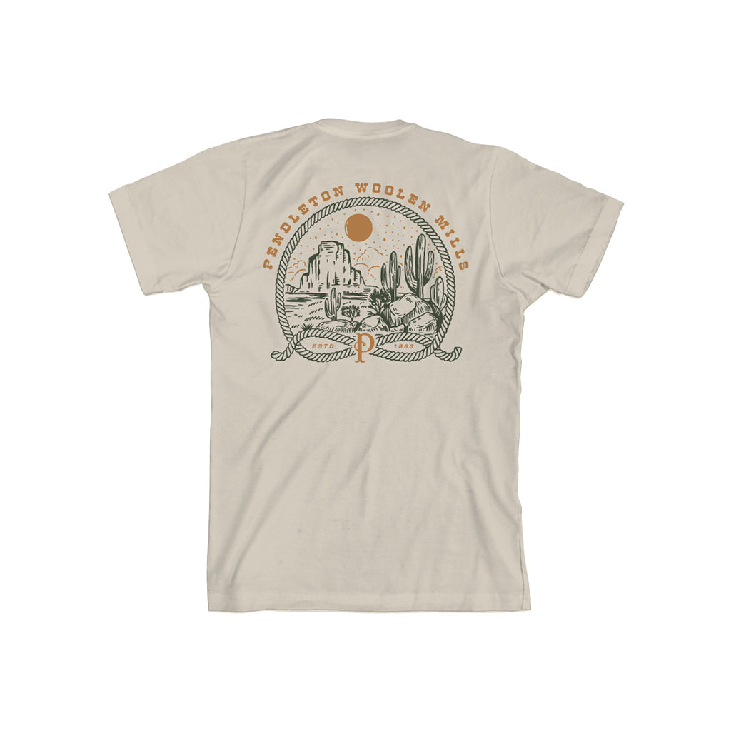 Beige t-shirt with desert graphic and logo on a white background