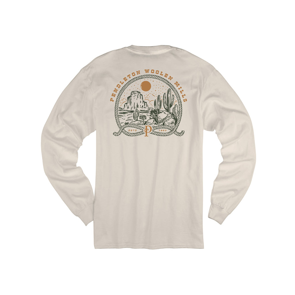 Beige long-sleeve shirt with desert graphic and 'Pendleton Woolen Mills' logo on a white background