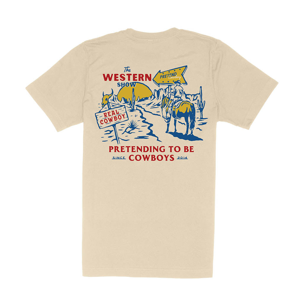 Beige t-shirt with a graphic design on the back featuring text and illustrations.