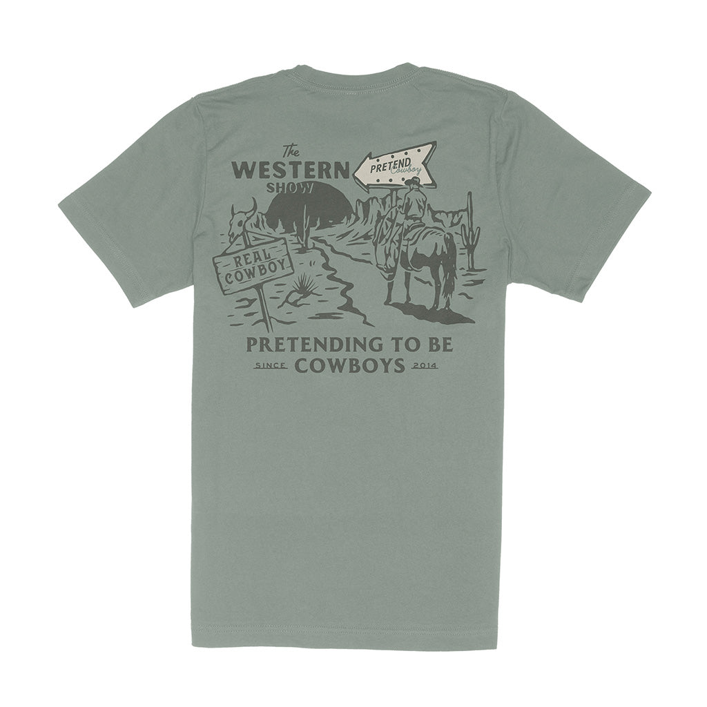 Green t-shirt with a graphic and text on the back, displayed on a white background