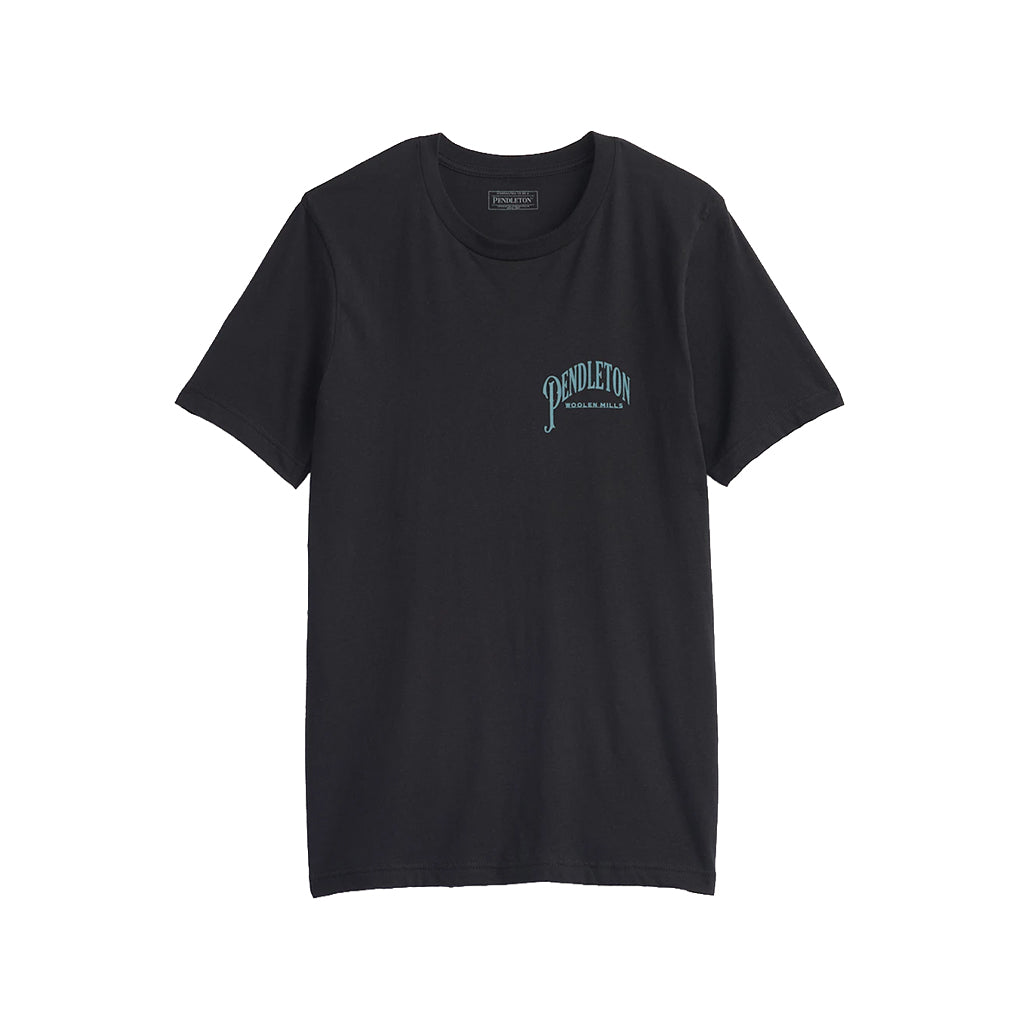 Black t-shirt with Pendleton logo on a white background