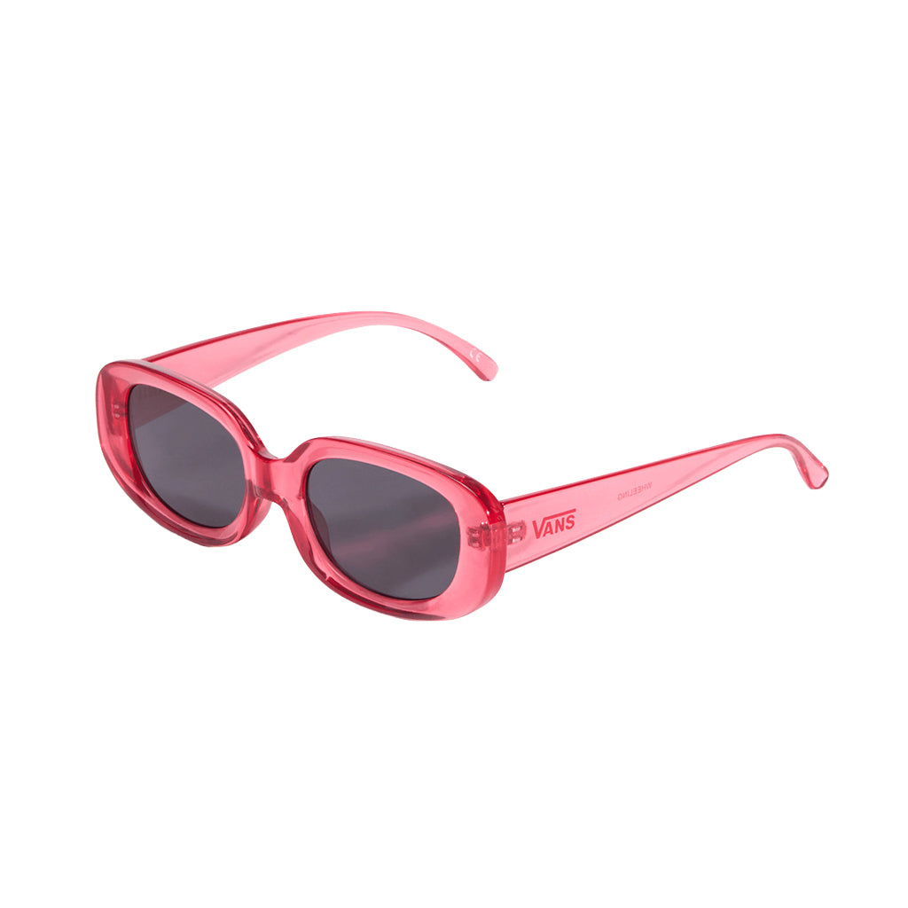 Pink sunglasses with a clear lens on a white background
