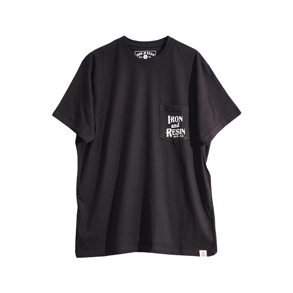 Black t-shirt with a pocket and branding on a white background