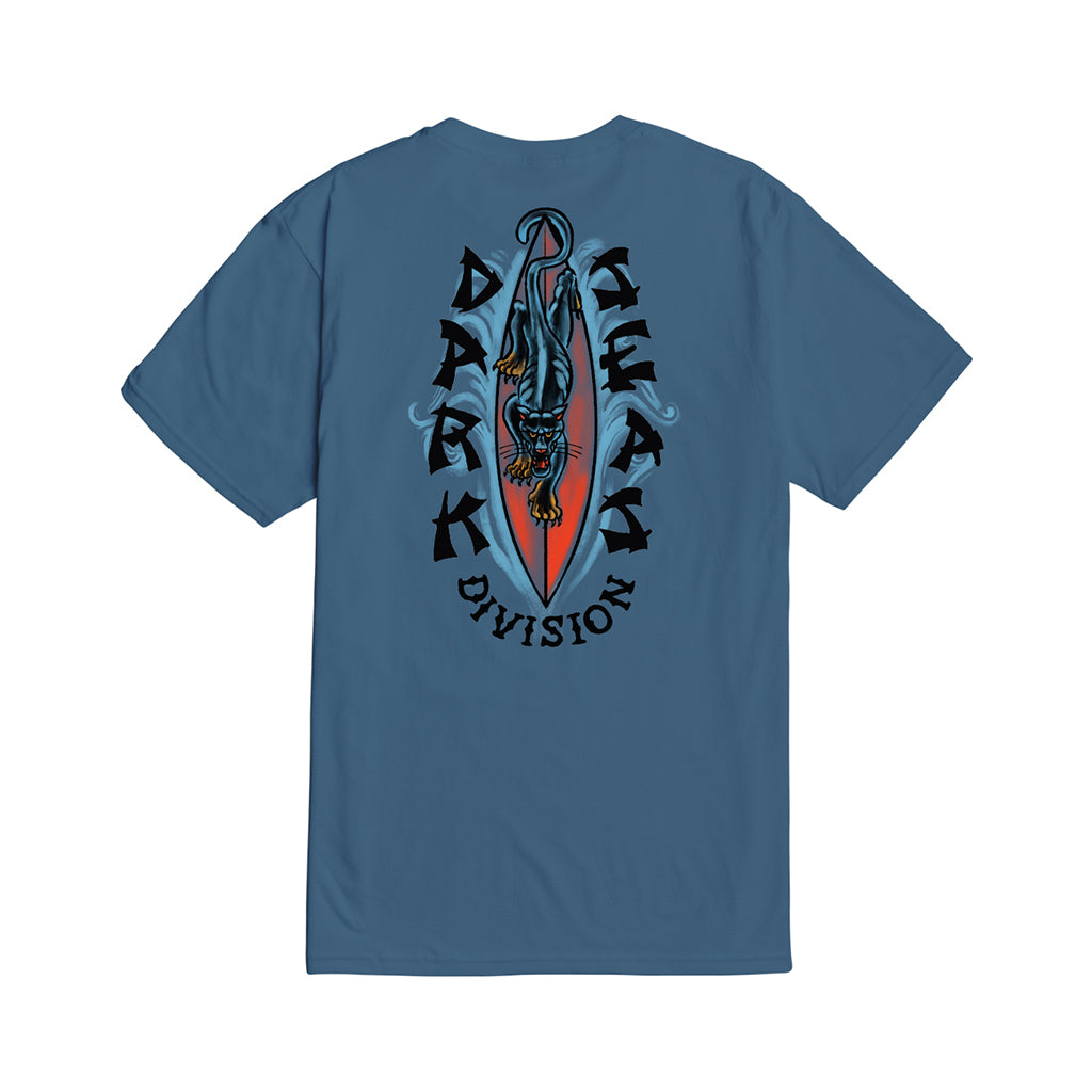 Blue t-shirt with 'Dark Heaven Division' graphic on the back against a white background