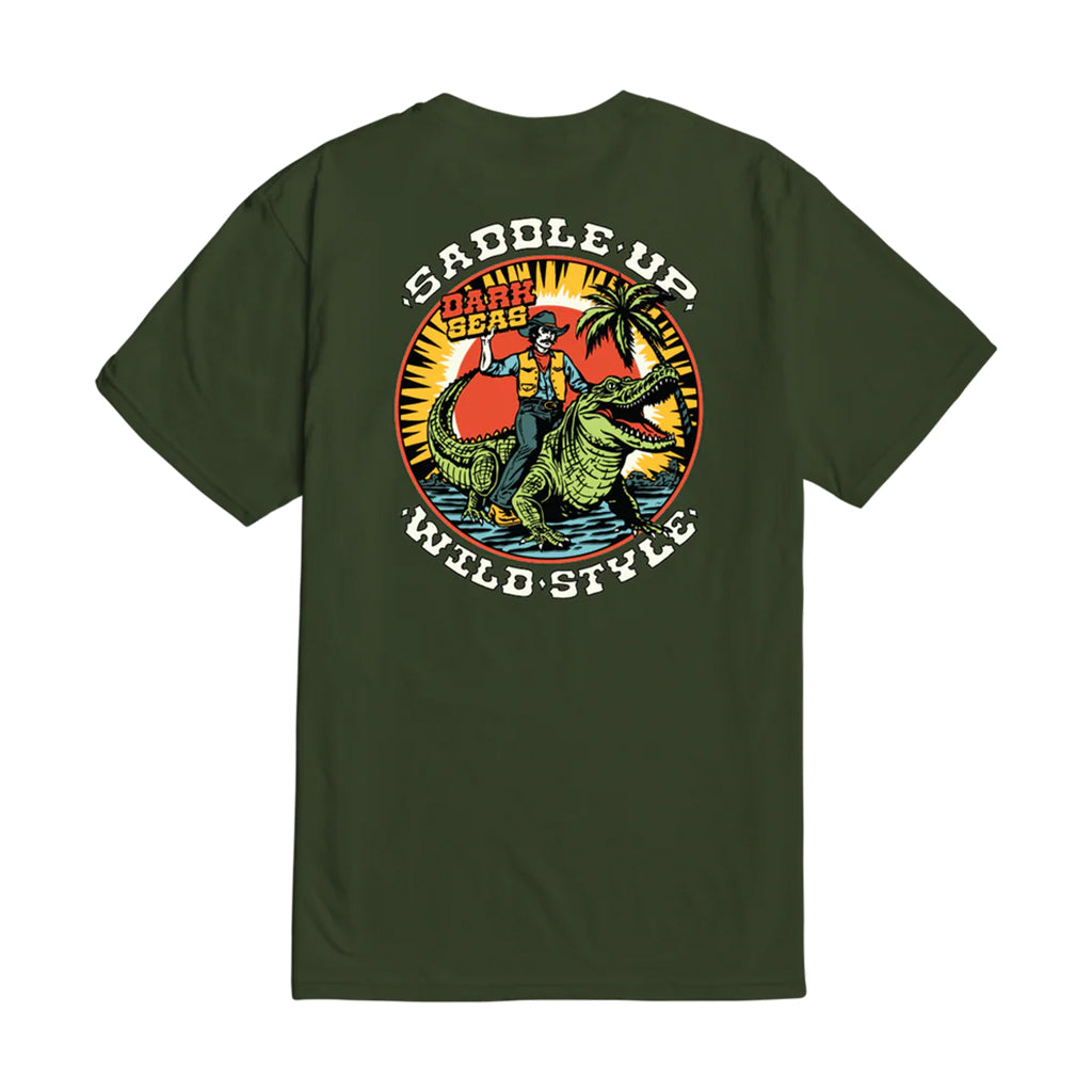Green t-shirt with a graphic design of a person riding a Alligator and text on the back, on a white background.