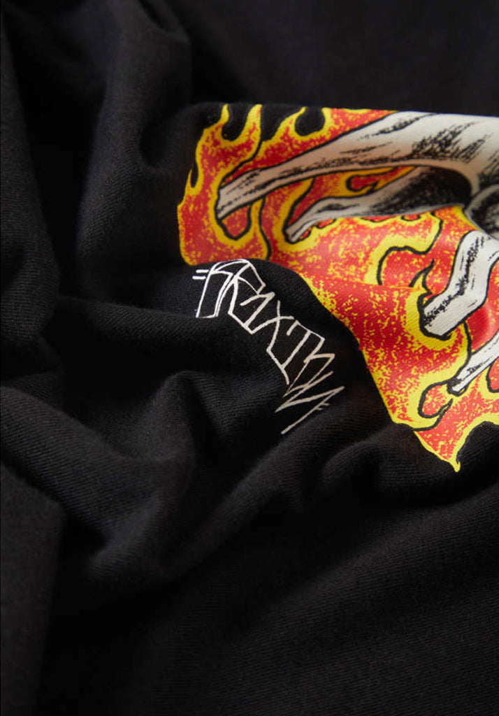 Black hoodie with a colorful graphic design featuring flames and a hand.