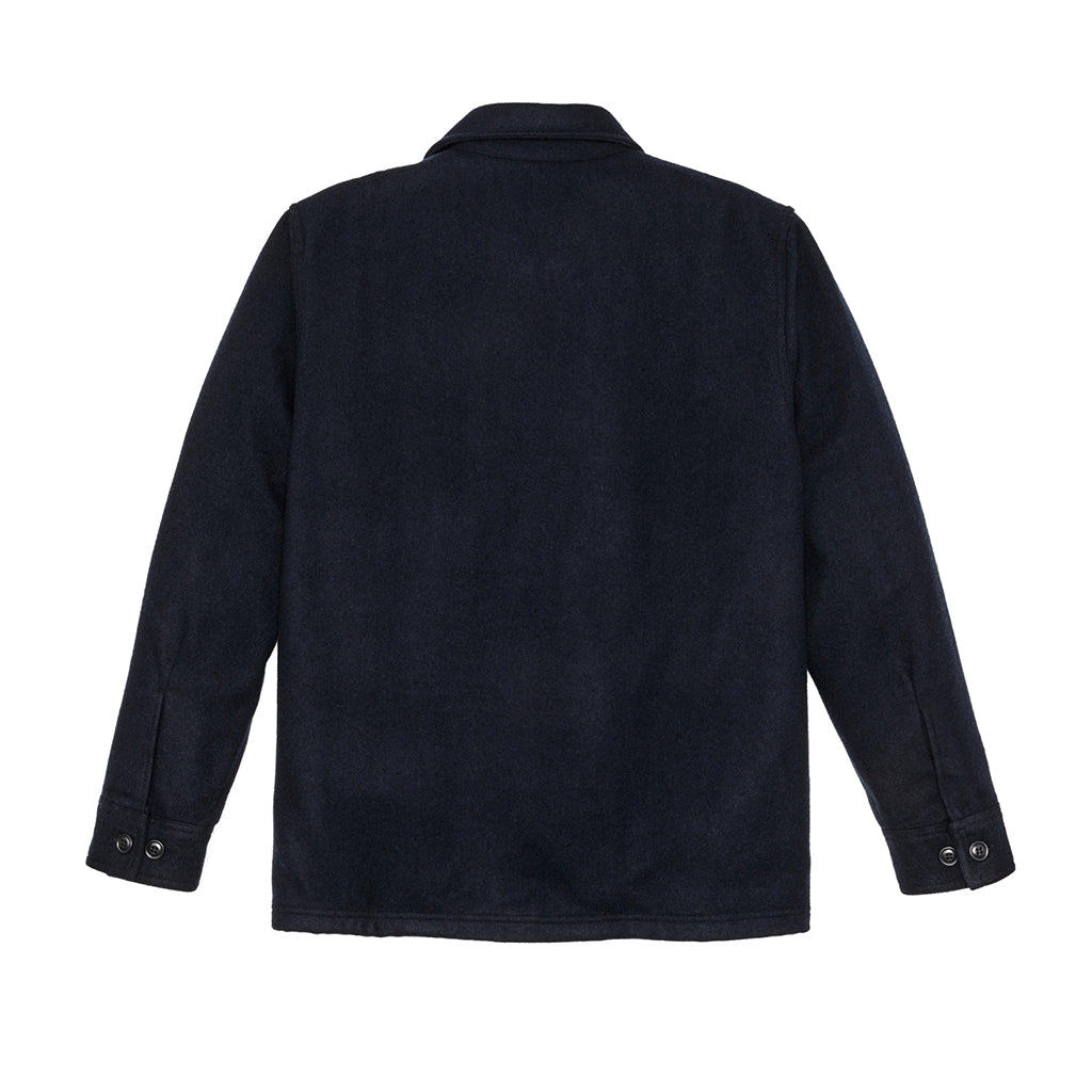 Back of Dark Navy Wool Shirt jacket on a white background