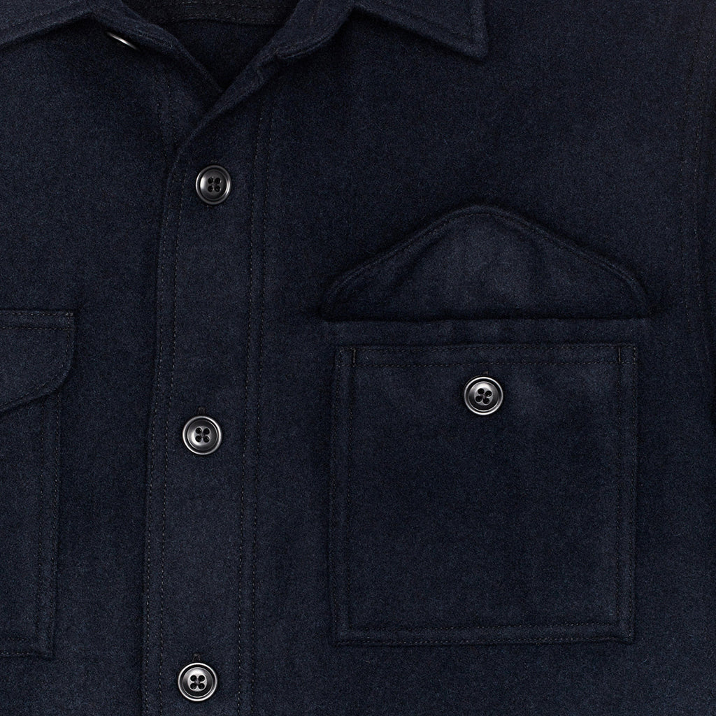 Close up of a Dark Navy Wool Jacket chest pocket