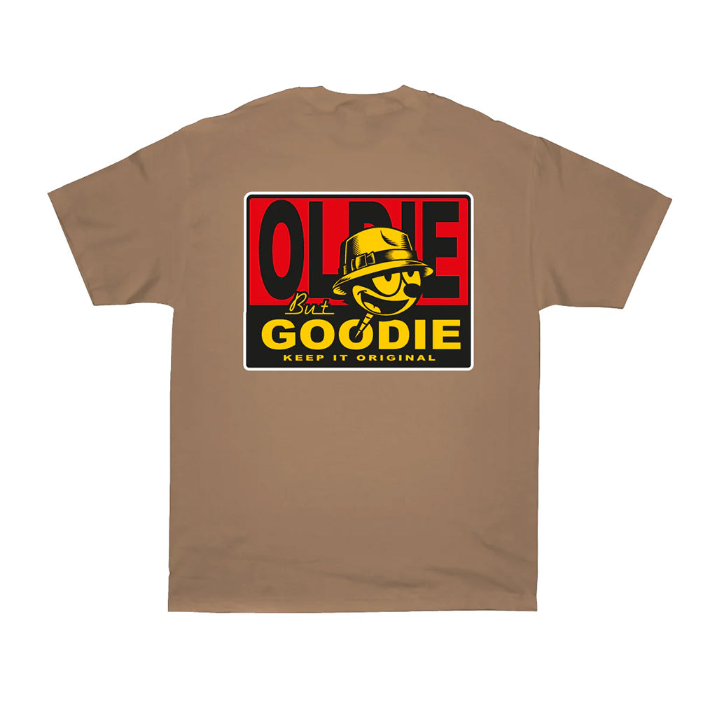 Brown t-shirt with a graphic design on the back featuring text and a logo.