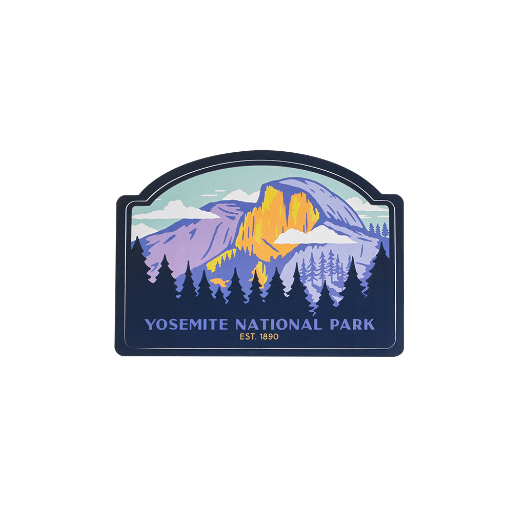 Yosemite National Park logo with mountains and trees on a white background