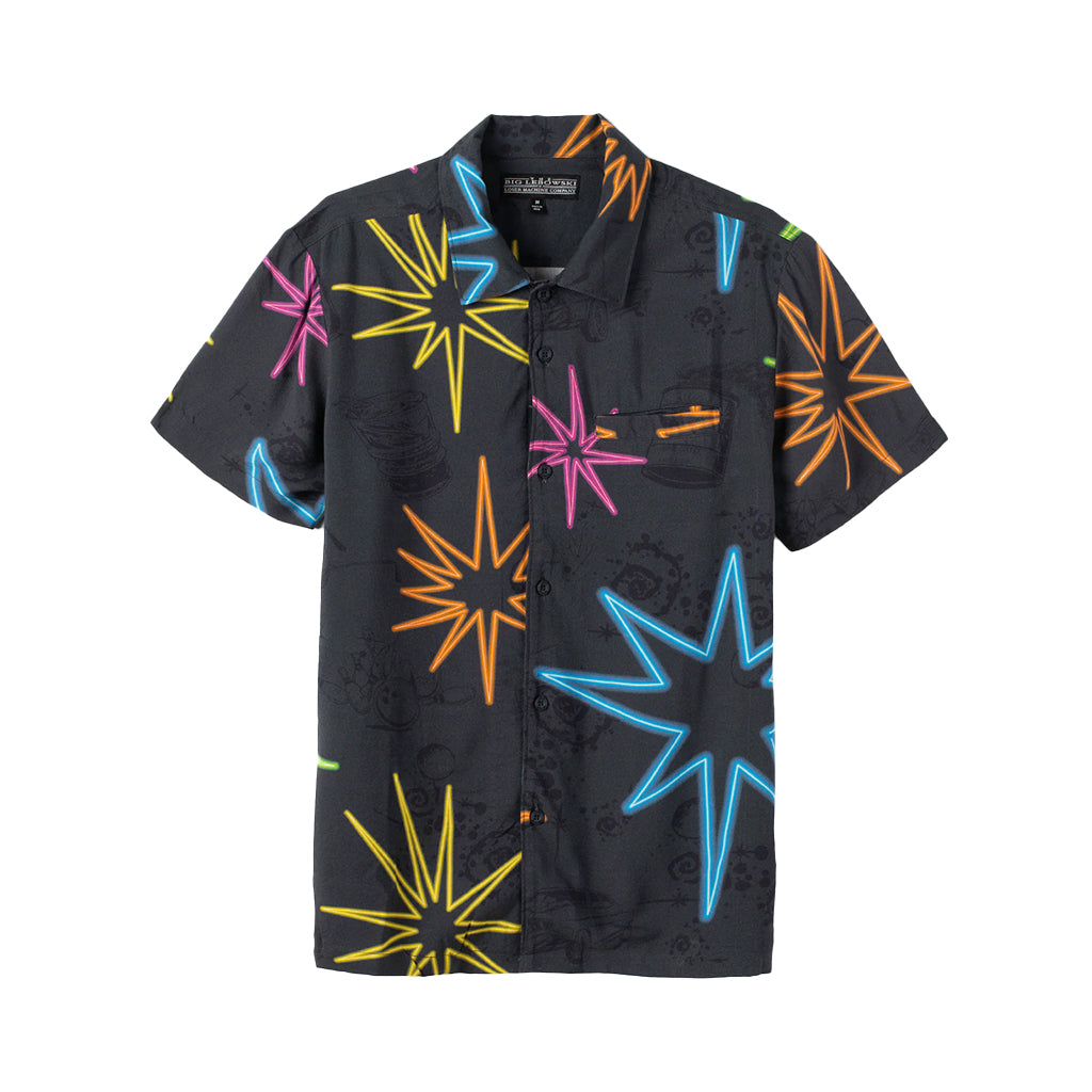 A short-sleeved navy viscose shirt with a geometric star pattern, featuring a convertible collar, straight hem, and a welt chest pocket.