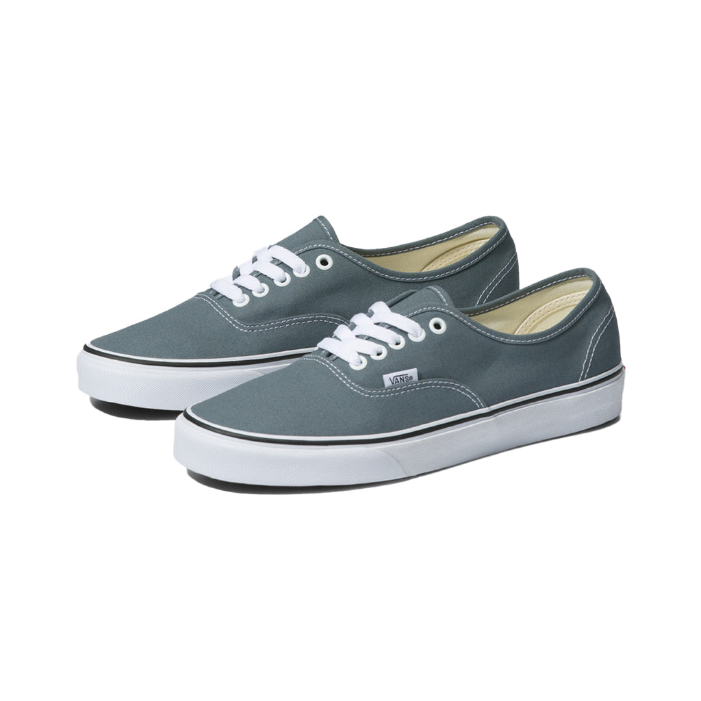 A pair of Vans Authentic sneakers with a low-top design, lace-up closure, and a canvas upper in a gray color.