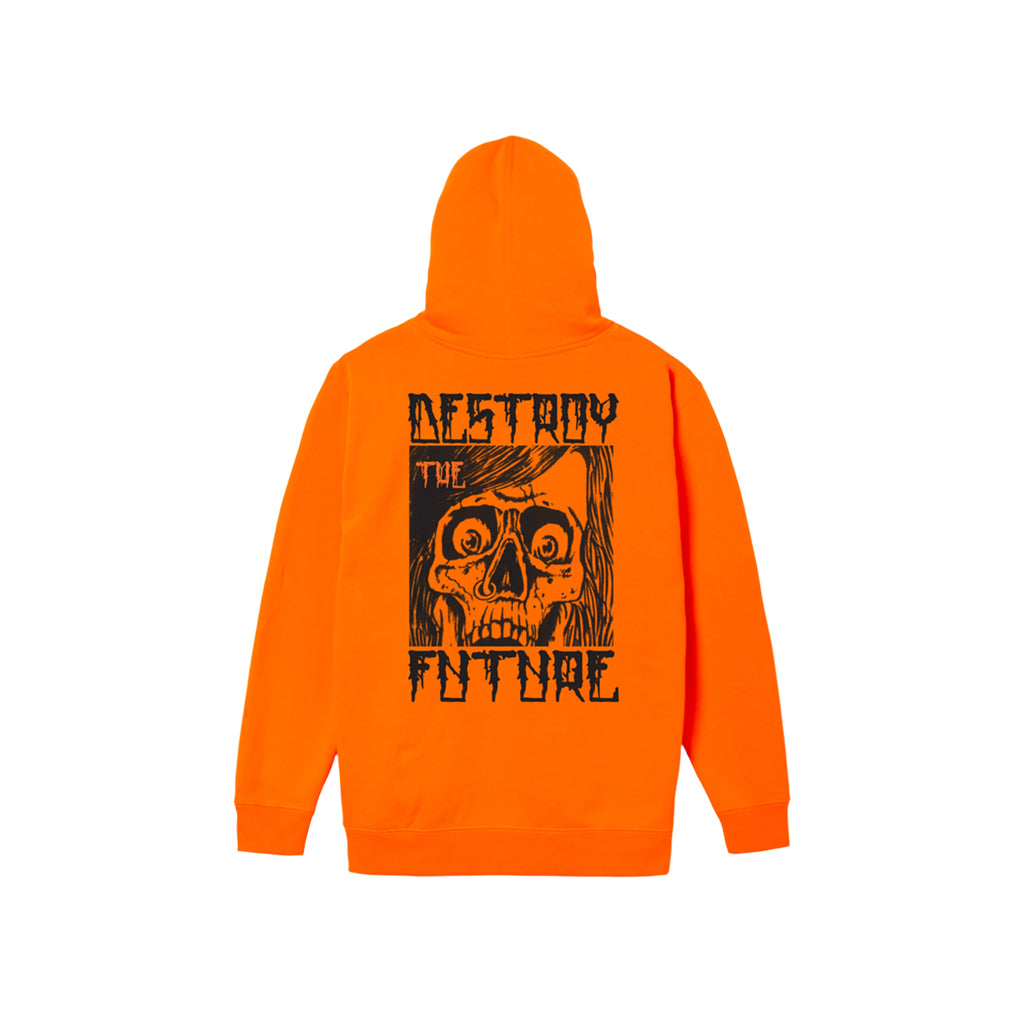 Orange hoodie with a skull graphic and text on the back against a white background