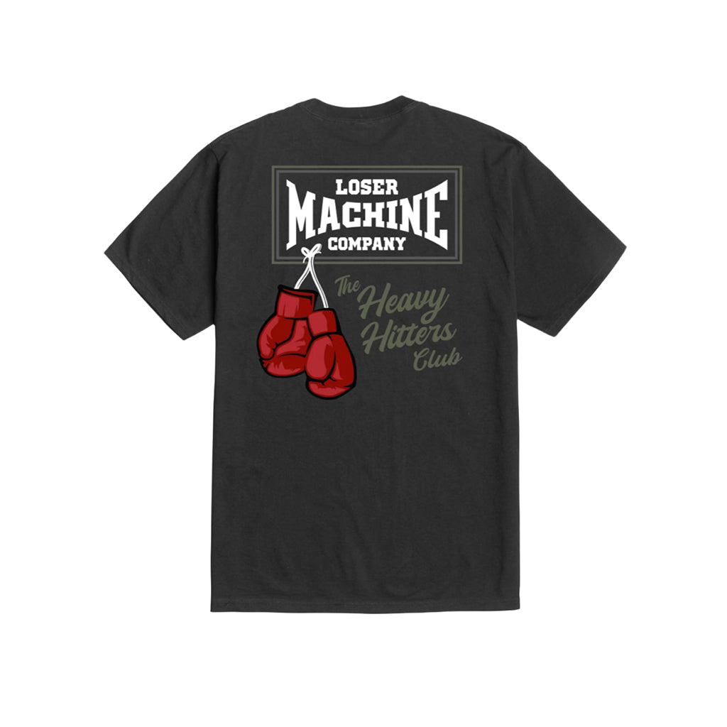 Black t-shirt with boxing glove graphic and text on a white background