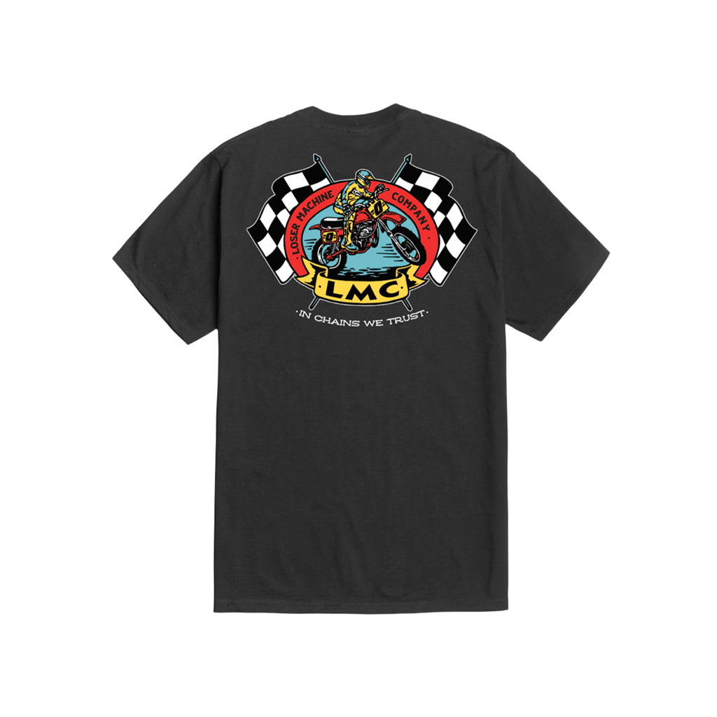 Black t-shirt with a graphic design of a motorcycle rider and checkered flags on a white background