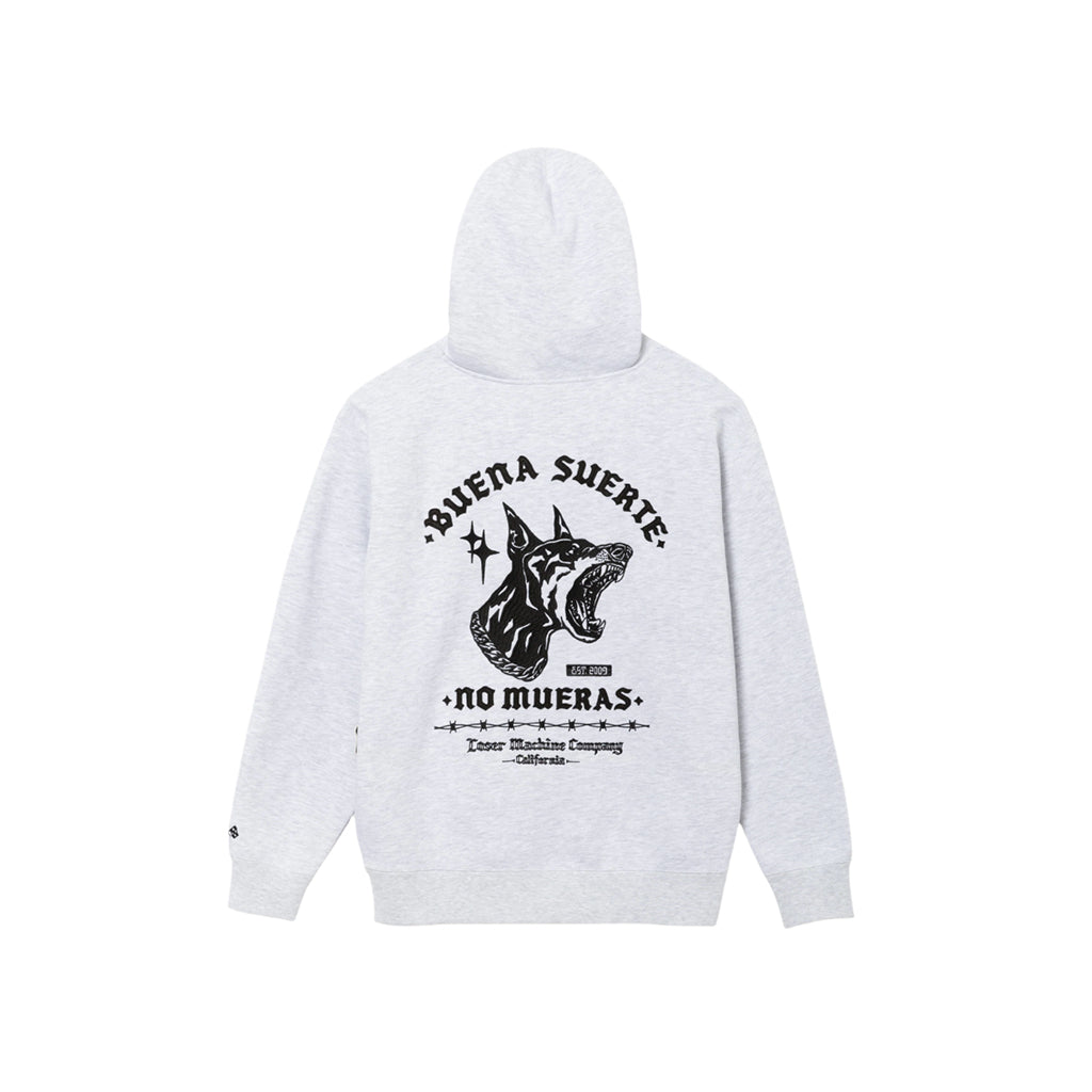 White hoodie with black graphic design on a white background