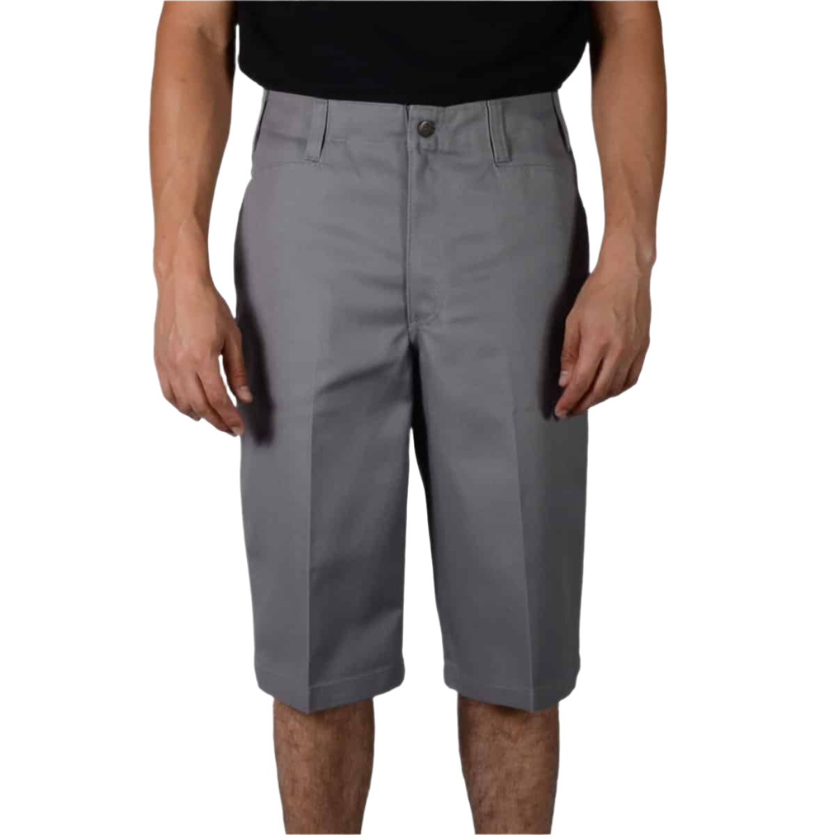 A person standing and wearing gray long shorts.