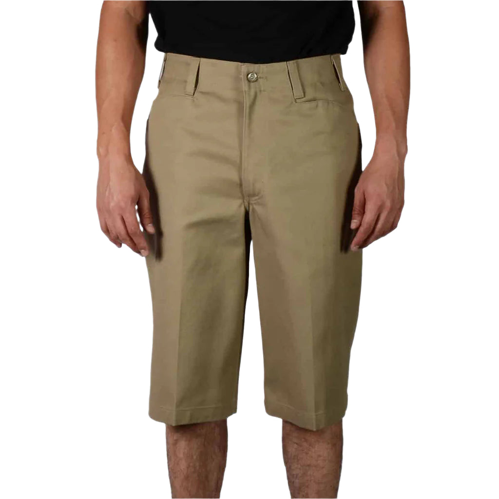 A pair of men's khaki Ben's shorts with a front view, displaying the waistband, pockets, and inseam.
