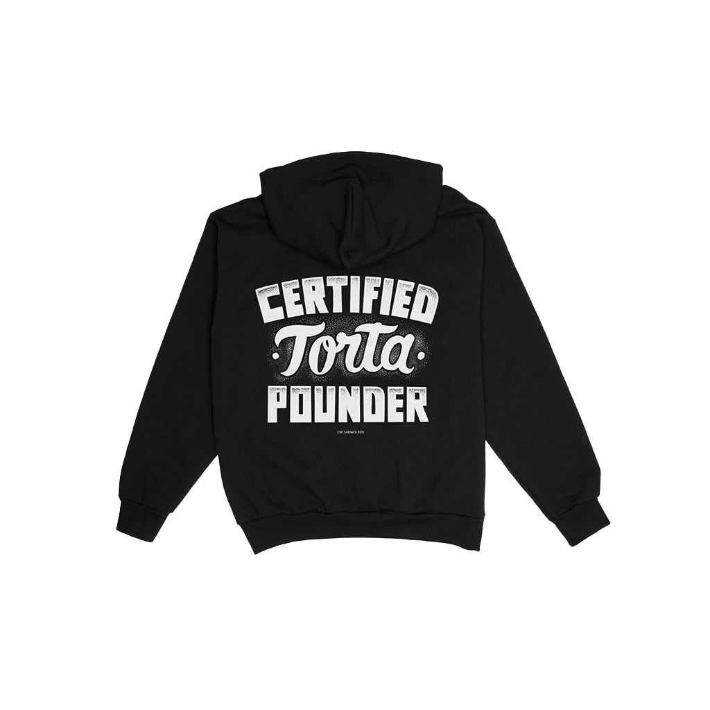 Black hoodie saying Certified Torta Pounder on a white backdrop