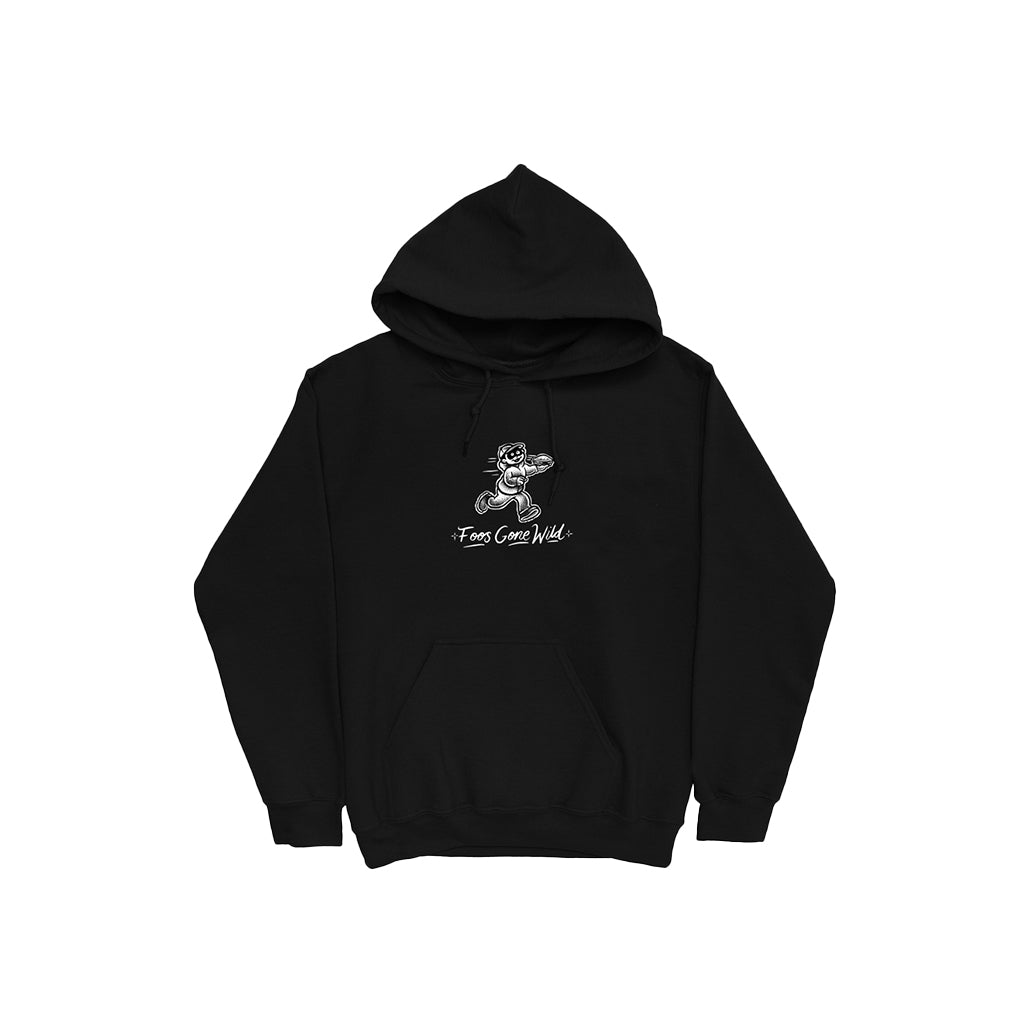 Black hoodie saying Foos Gone Wild with a little character on the chest on a white backdrop