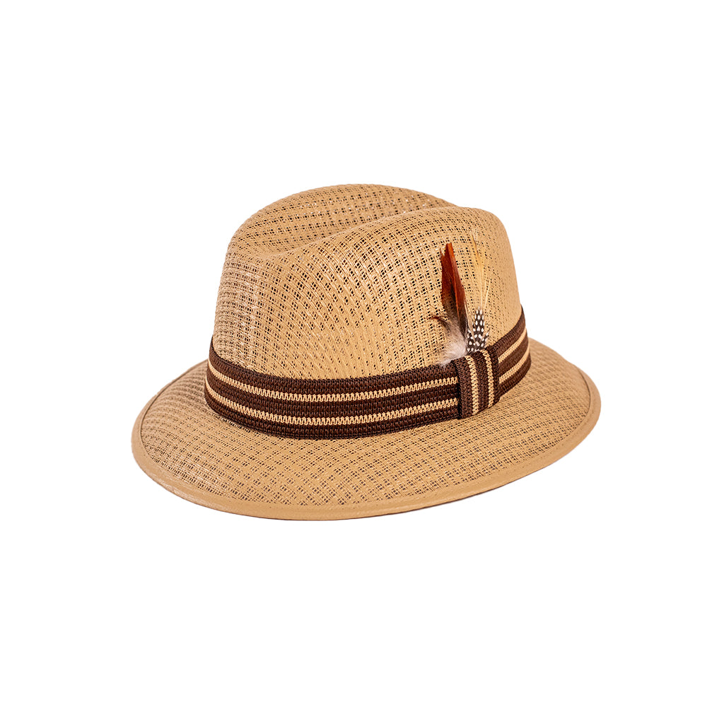 A beige colored fedora hat with a brown band and a decorative element in the front.