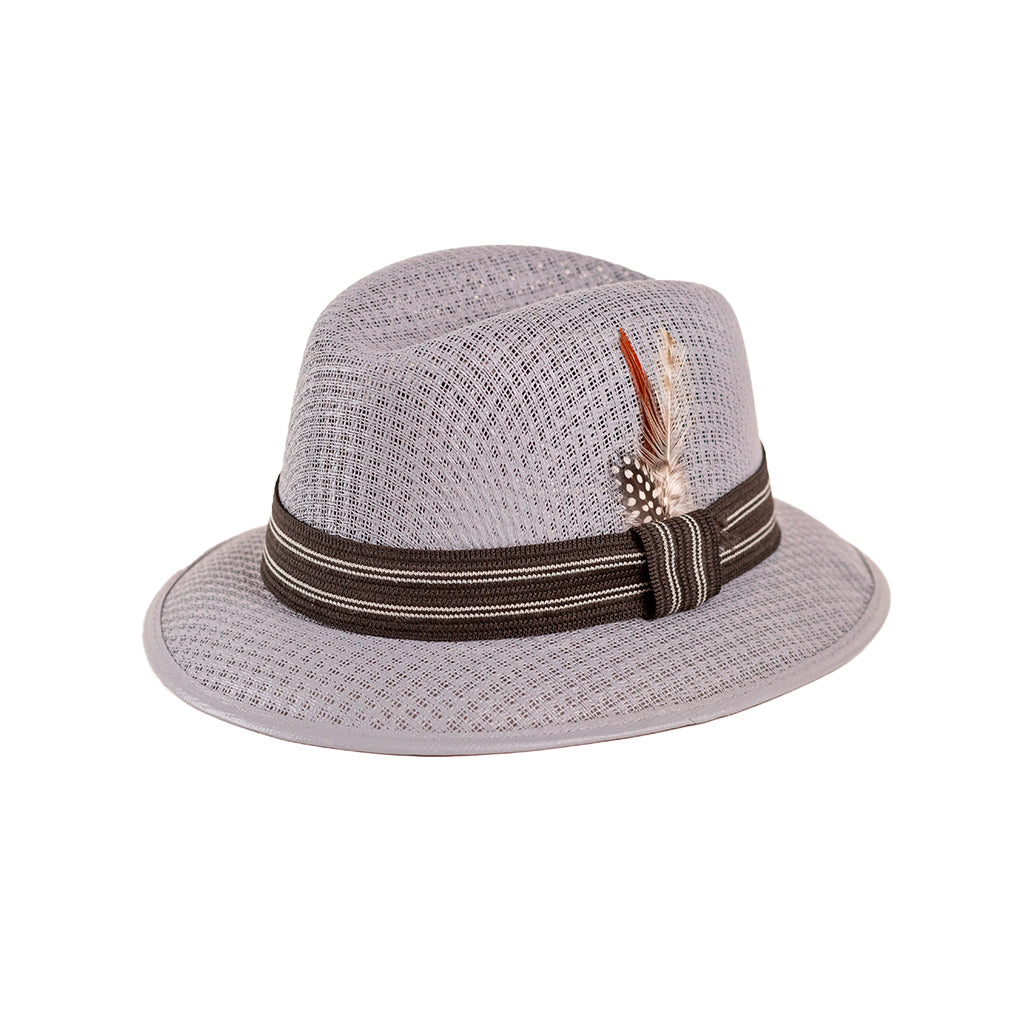 A light grey fedora hat with a striped band and a decorative element in the front.