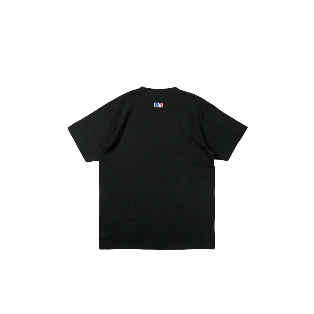 Black t-shirt with a logo on the back against a white background