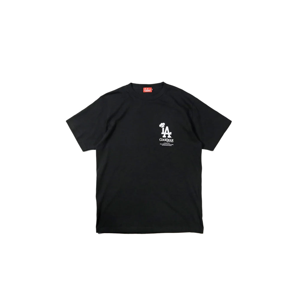 Black t-shirt with a white logo on a white background