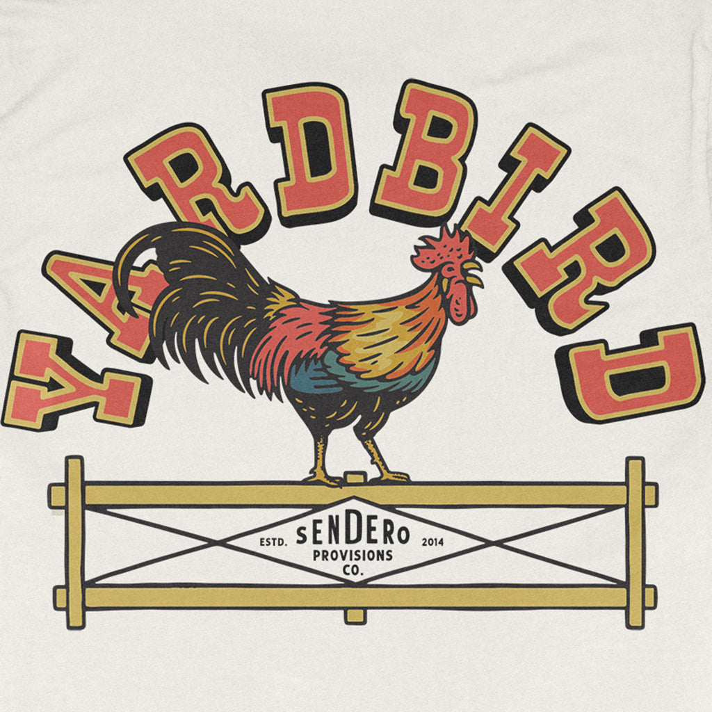 Yardbird logo with a rooster on a white background, featuring Sendero Provisions Co.