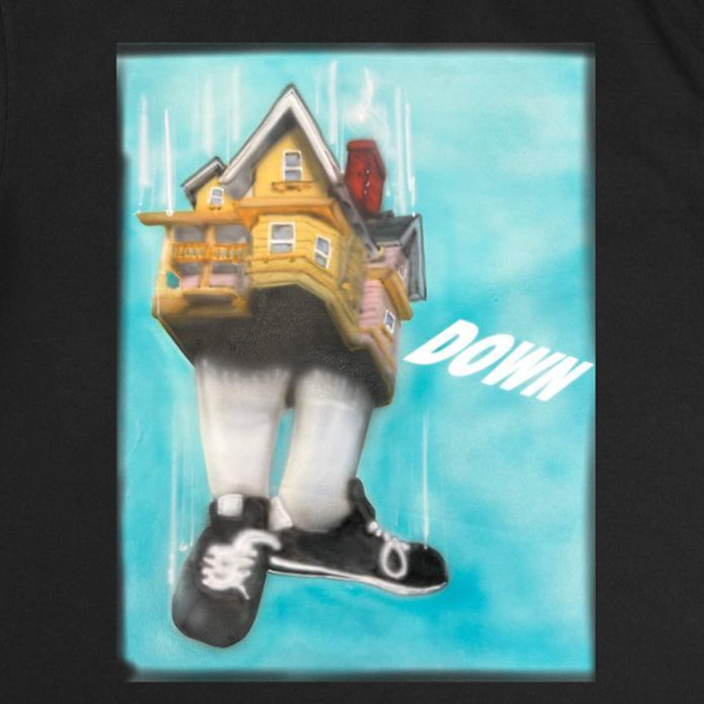 Illustration of a house with legs and shoes on a blue background with the word 'DOWN'.