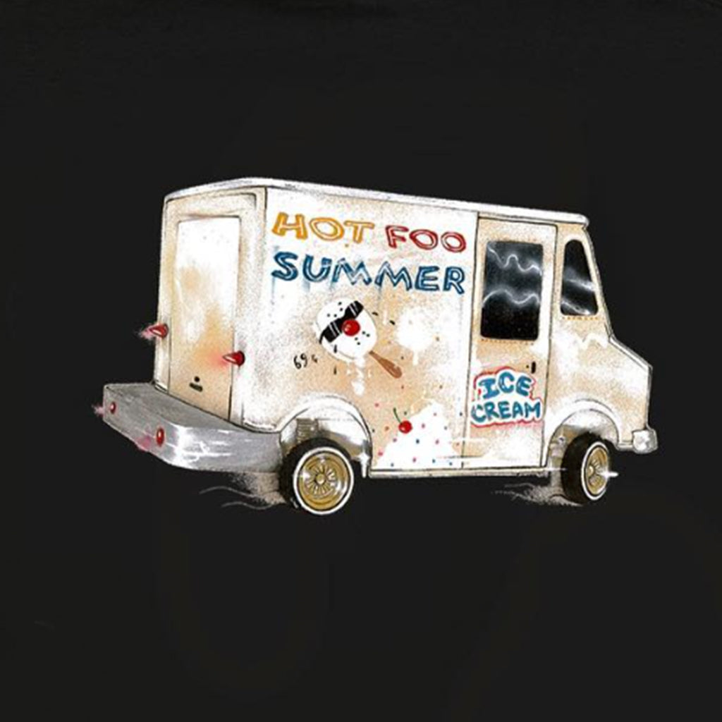 Illustration of an ice cream truck with 'Hot Foo Summer' text on a black background