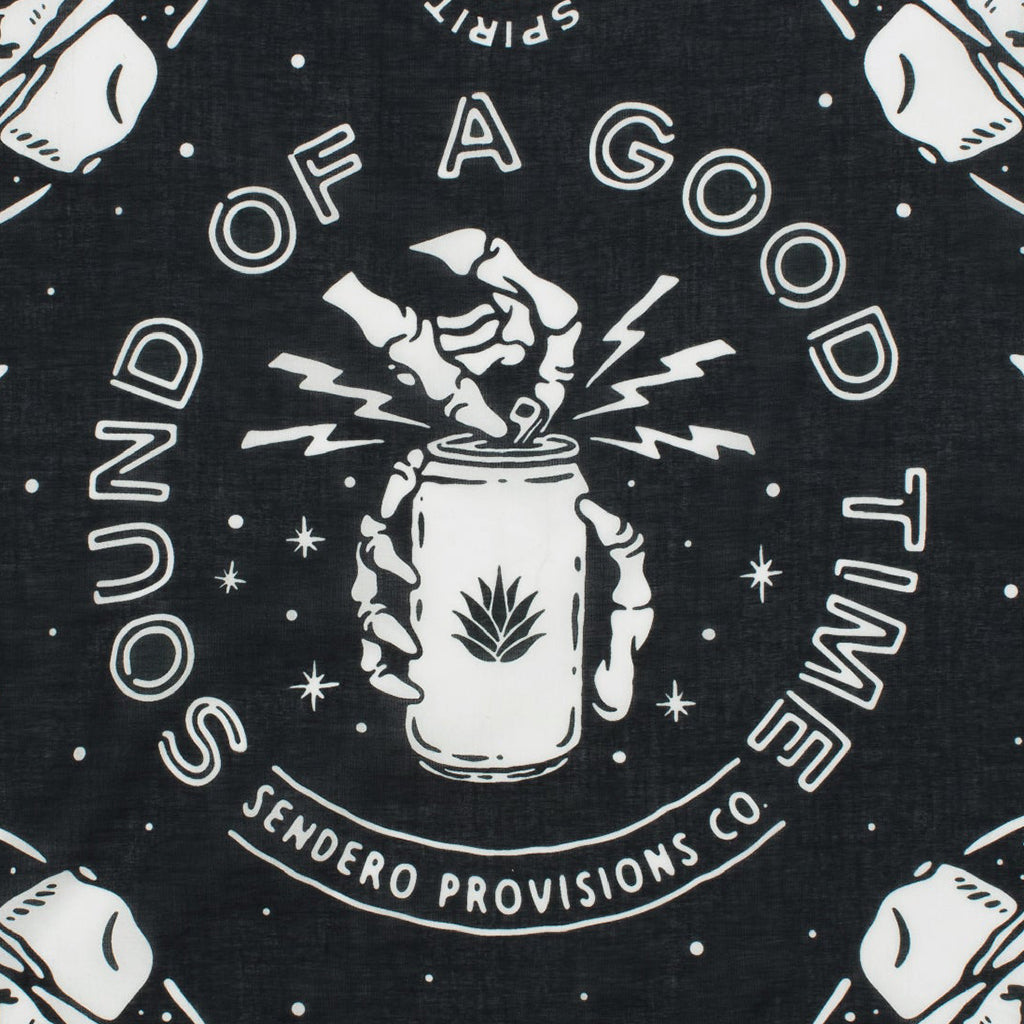Black fabric with white graphic design featuring a mason jar and text on a black background.