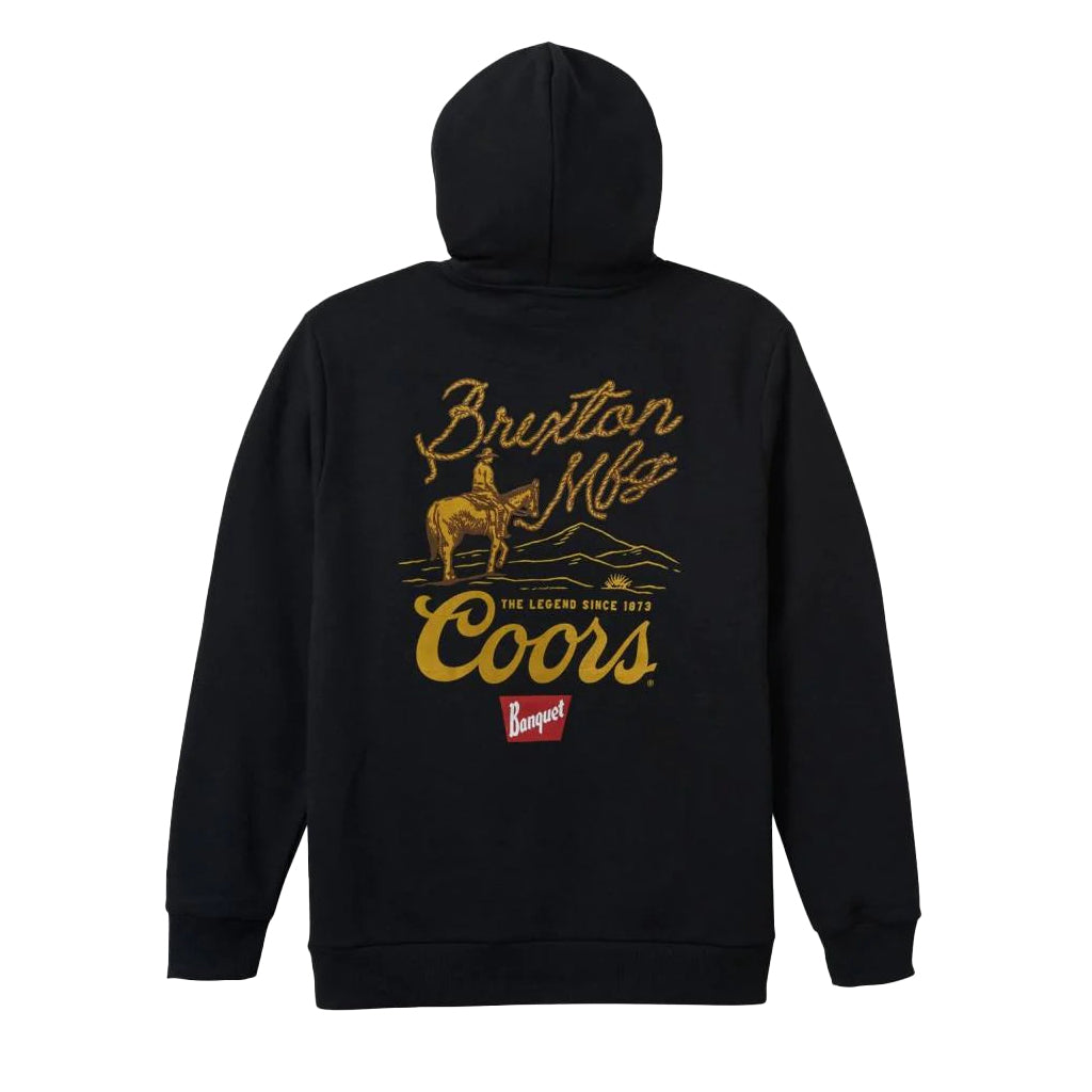 Black hoodie with Coors Legends graphic on the back, featuring an adjustable drawcord hood and inset sleeves.