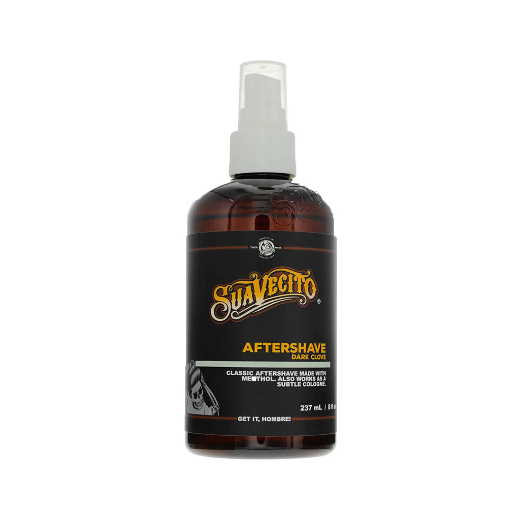 A bottle of Suavecito Dark Clove After Shave with a spray dispenser, labeled 8oz.