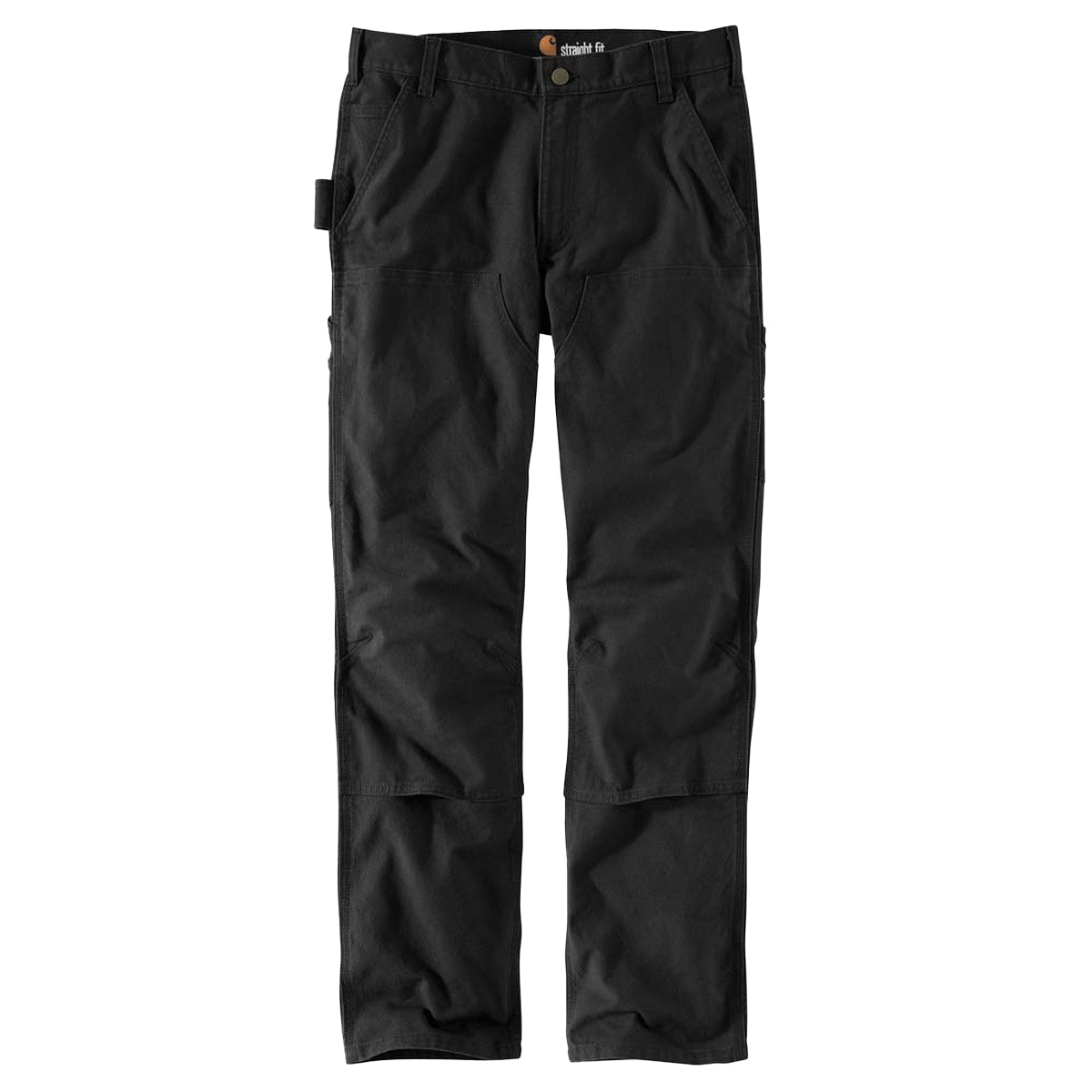 A pair of black Carhartt double-knee work pants with multiple pockets.